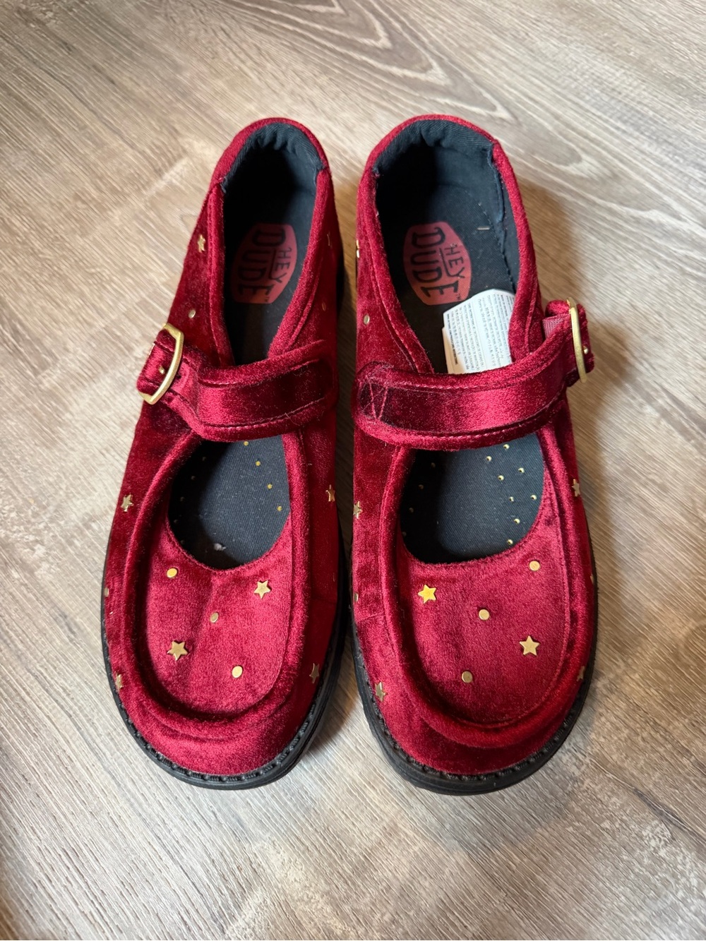 Hey Dude Burgundy Velvet Mary Janes with Gold Star Studs